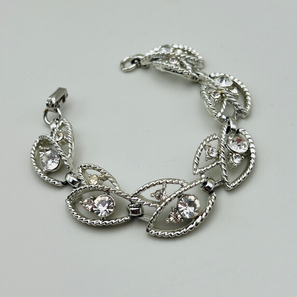 Vintage‎ Rhinestone Leaf Silver Tone Bracelet Textured Link 6.5 Inches